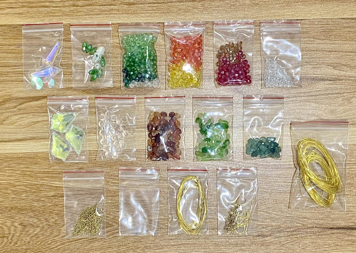Autumn Garden Suncatcher DIY Kit - materials laid out (Garden Only)