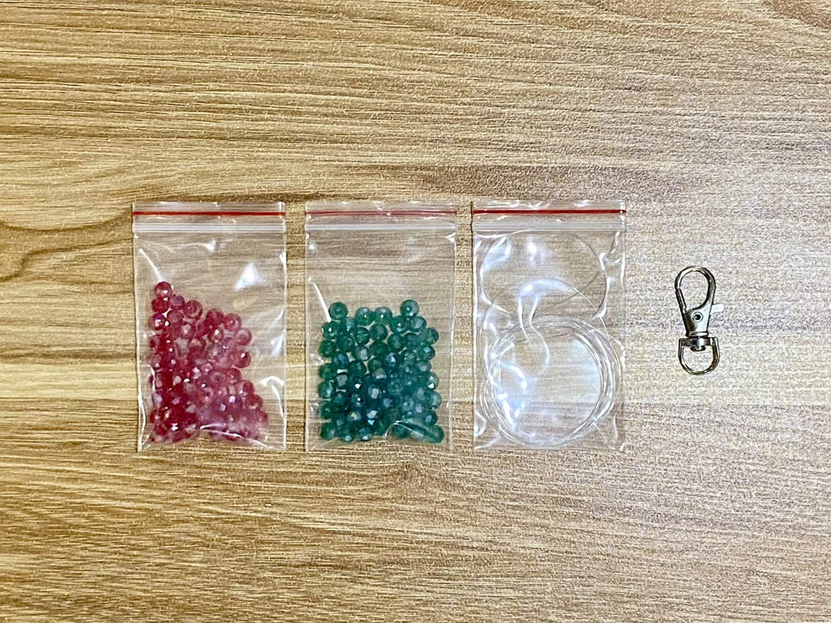 Cherry Keychain DIY Kit - materials laid out